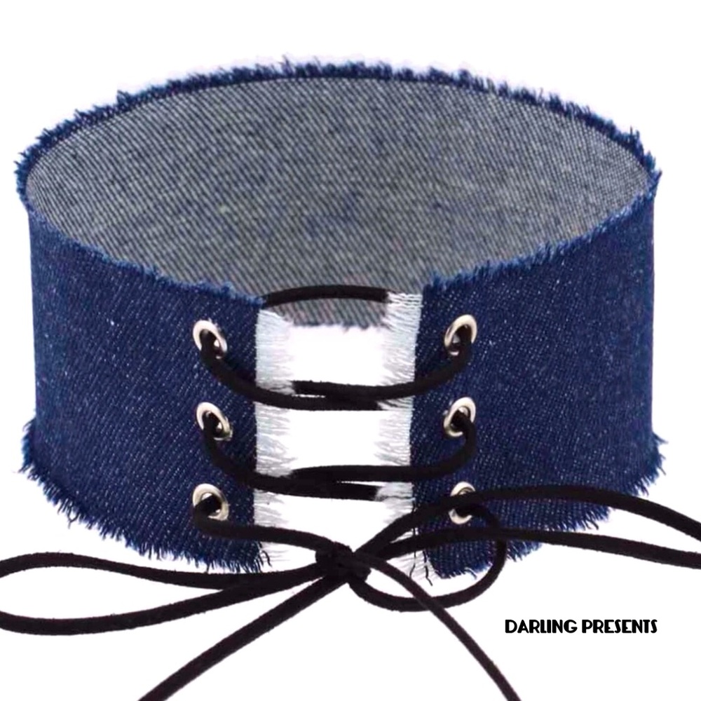 Lace Up Denim Choker Necklace Women Color Indigo